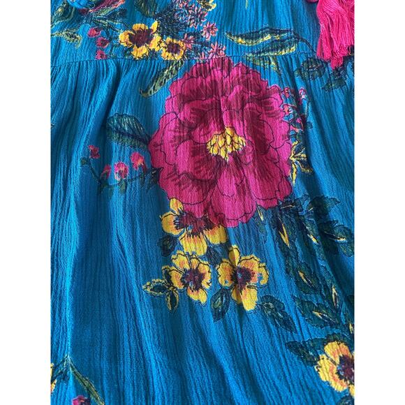 Women’s ANGIE Teal floral Mini Dress V Neck Tassels vibrant Colors 1X - Picture 3 of 6